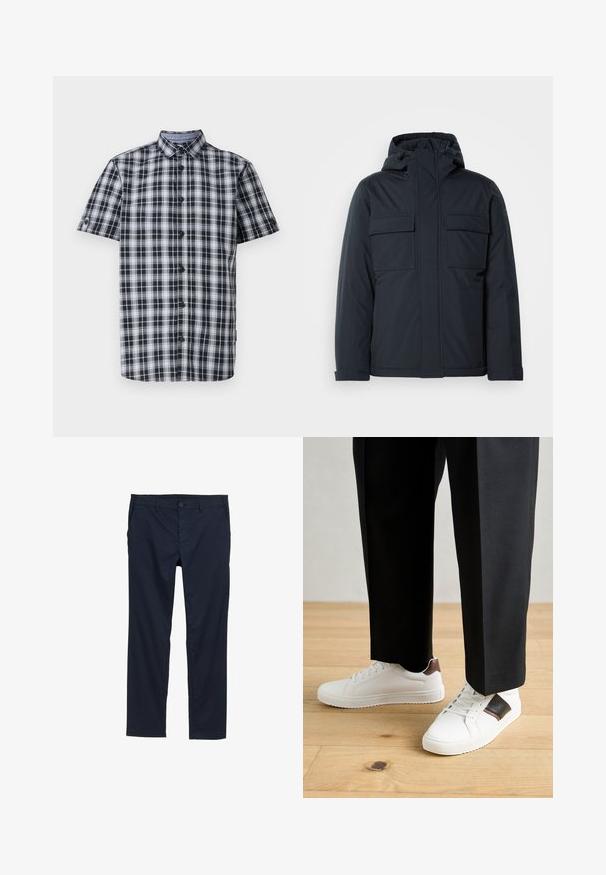 Sötétkék szigetelt dzseki kapucnival, két nagy elülső zsebbel és sima, matt felülettel. Cipzáras elülső záródás.; Fél hosszú ujjú, fekete és fehér kockás mintájú gombos ing, gallérral és hat gombbal az elején. Szövött anyagból készült.; Sötétkék, könnyű nadrág sima textúrával, egyenes szárú dizájnnal, gombos záródással és oldalsó zsebekkel.; Fehér sneaker, sima textúrával, barna bőr díszítéssel és fekete részletekkel, fekete szabott nadrággal párosítva. Fából készült padló háttér.