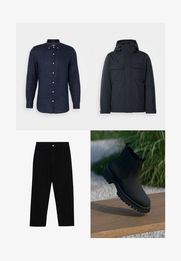 Mörkblå isolerad jacka med huva, utrustad med två stora framfickor och en slät, matt finish. Dragkedjestängning framtill.; Marinblå långärmad skjorta i linne, med krage som knäpps ned, sex knappar framtill och en något rundad nederkant.; Svarta denimbyxor med rak passform, femficksdesign och framknäppning. Slät textur med minimala sömdetaljer.; Svart ankelstövel med en slät yta, elastiska sidopaneler och en tjock, robust sula. Mot en naturlig bakgrund på en träytan.