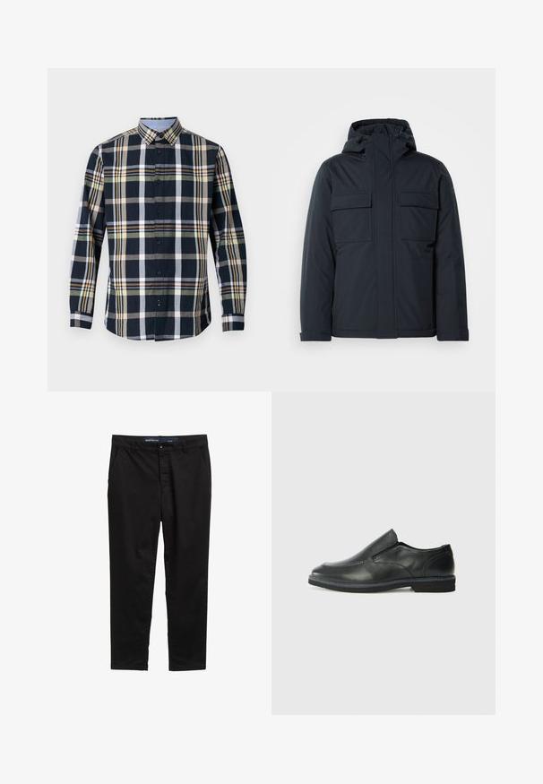 Marineblaue isolierte Jacke mit Kapuze, ausgestattet mit zwei großen frontalen Taschen und einer glatten, matten Oberfläche. Mit einem Reißverschluss vorne.; Herrenknopfhemd aus Baumwolle mit einem karierten Muster in Marineblau, Grün und Gelb. Mit Kentkragen und langen Ärmeln ausgestattet.; Schwarze Chinos aus einem Baumwollmischgewebe. Verfügt über ein gerades Bein Design, zwei seitliche Taschen und einen Metallknopfverschluss an der Taille.; Schwarze Leder-Slipper mit glattem Obermaterial, gesteppten Akzenten, runder Zehenpartie und niedrigem Gummiabsatz. Die Sohle hat ein minimales Profil.