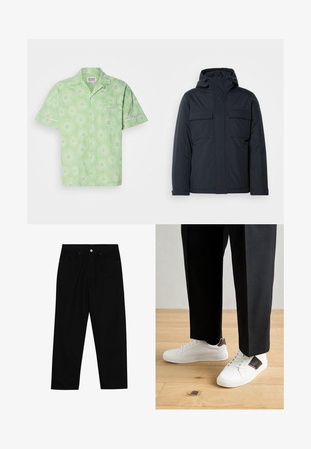 Tumesinine isolatsiooniga jakk kapuutsiga, millel on kaks suurt esikot ja sile, mati viimistlusega pind. Ees lukuga sulgumine.; Lühikeste varrukatega helesinine särk, millel on valge päikeseprõksu muster, nööbiga kinnitamine ja väike rinna tasku. Tekstuurne kangas.; Mustadest denimist püksid, millel on sirge jalg, viie tasku disain ja eesnupuga sulgur. Sile tekstuur koos minimaalsete õmblustega.; Valged sneakersid siledat tekstuurist, millel on pruunad nahast detailid ja mustad aksessuaarid, millele on sobitatud mustad kohandatud püksid. Puitpõranda taust.