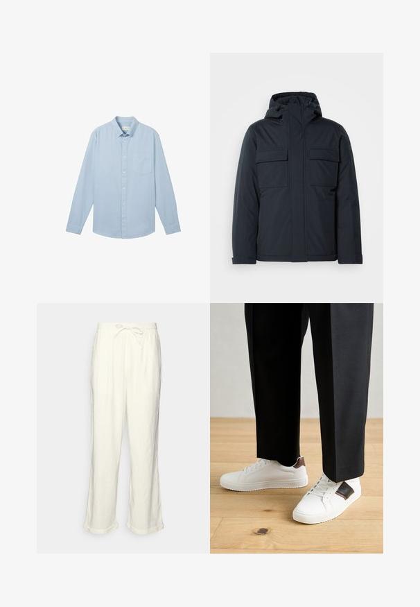 Marineblå isolert jakke med hette, med to store frontlommer og en glatt, matt finish. Glidelås i front.; Lyseblå langermet skjorte laget av stoff med teksturert mønster, med krage som kan lukkes med knapper og en enkelt brystlomme.; Linstanter i off-white med drawstring midje, lett vide ben og rullede ermer for en avslappet passform. Ingen lommer.; Hvite sneakers med glatt tekstur, med brune skinnakenter og svart detaljer, parret med svarte skreddersydde bukser. Bakgrunn med tregulv.