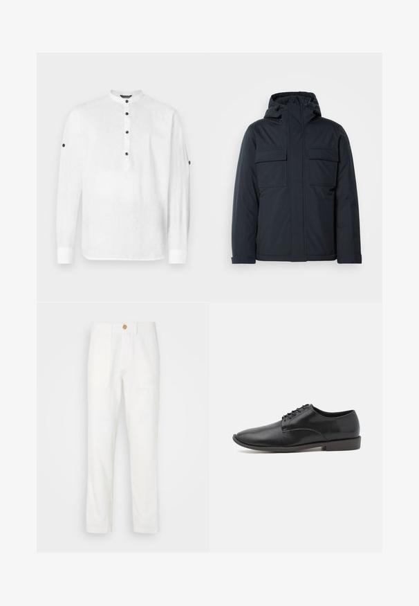 Sötétkék szigetelt dzseki kapucnival, két nagy elülső zsebbel és sima, matt felülettel. Cipzáras elülső záródás.; Fehér vászon ing, band gallérral, hosszú ujjakkal és fekete gombokkal az elején és az ujjakon. Lazább szabással rendelkezik.; Fehér szövetnadrág egyenes szabással, két elülső zsebbel és gombos záródással. Sima textúra és letisztult design.; Fekete bőr fűzős cipő sima felülettel, kerek orral és alacsony profilú gumitalppal. Minimalista dizájn, további díszítések nélkül.
