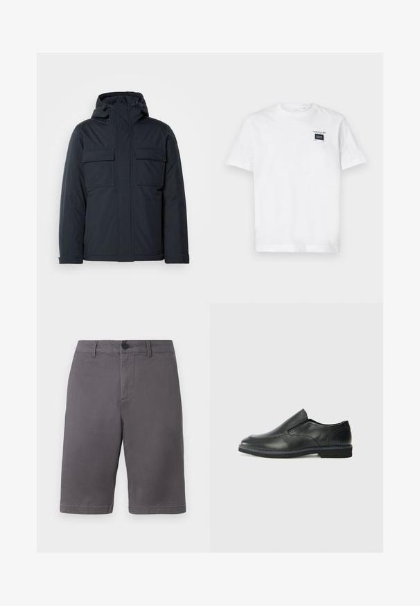 Navy blue insulated jacket with a hood, featuring two large front pockets and a smooth, matte finish. Zippered front closure.; White cotton t-shirt featuring a crew neck and short sleeves. The front has a small black label with text and rectangular design.; Gray shorts made of cotton blend fabric, featuring a button closure, side pockets, and a clean, straight-cut design.; Black leather slip-on shoe with a smooth upper, stitched accents, rounded toe, and a low rubber heel. Sole features minimal tread.