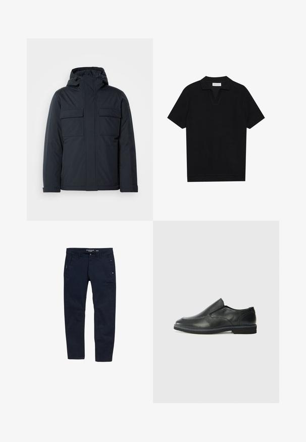 Navy blue insulated jacket with a hood, featuring two large front pockets and a smooth, matte finish. Zippered front closure.; Black short-sleeve polo shirt with a textured, ribbed fabric, featuring a v-neckline and a straight hem. No visible logos or patterns.; Navy blue trousers made of cotton with a straight cut. Features two side pockets and a button closure. Minimalist design with subtle accents.; Black leather slip-on shoe with a smooth upper, stitched accents, rounded toe, and a low rubber heel. Sole features minimal tread.