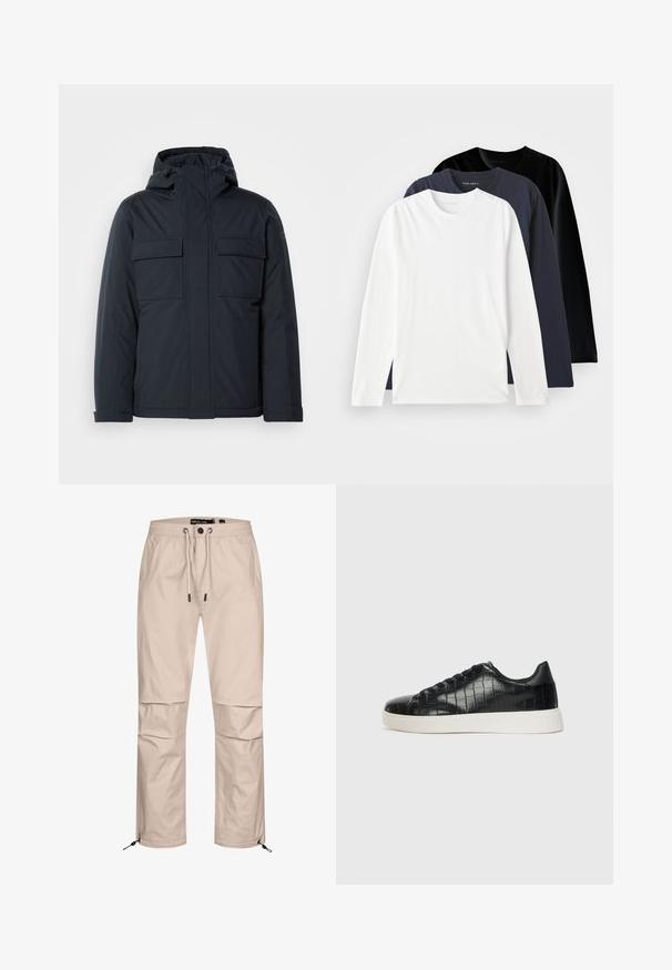 Jachetă izolată de culoare albastru marin cu glugă, dotată cu două buzunare frontale mari și un finisaj neted, mat. Închidere frontală cu fermoar.; Trei tricouri cu mânecă lungă așezate unul peste altul: unul alb, unul bleumarin închis și unul negru. Fabricate din bumbac neted, cu gât rotund și slituri laterale.; Pantaloni cargo bej deschis cu talie elastică, șnur reglabil și picioare inferioare cu fermoar. Material neted cu buzunare laterale.; Tenisi negri cu un exterior din piele texturată imitată crocodil, vârf rotund și o talpă din cauciuc alb contrastant, cu un finisaj neted.
