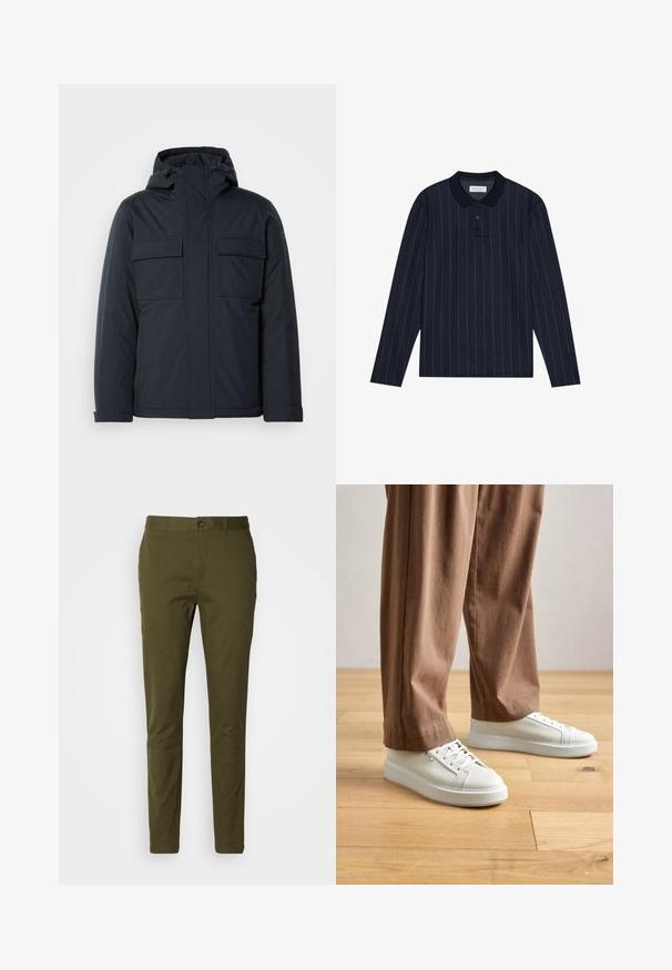Mörkblå isolerad jacka med huva, utrustad med två stora framfickor och en slät, matt finish. Dragkedjestängning framtill.; Marinblå långärmad polo med krage, med tunna vertikala ränder och treknappling. Mjuk tygtextur.; Olivgrön byxor i slätt bomullsmaterial, med knappstängning, slim fit-design och minimala sömnadsdetaljer vid midjan.; Person med vita texturerade låga sneakers och lösa bruna byxor, som står på ett ljust trägolv.