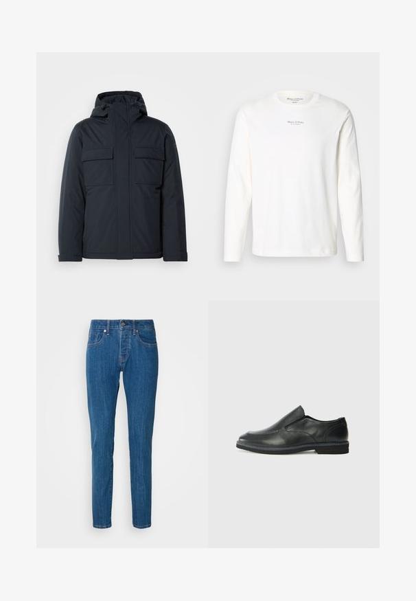 Giacca isolante blu navy con cappuccio, dotata di due grandi tasche frontali e una finitura liscia e opaca. Chiusura frontale con zip.; T-shirt bianca a maniche lunghe in cotone. Dotata di un collo tondo e di un piccolo logo nero centrato sul petto. Texture morbida, design casual.; Jeans dritti blu in denim, con un design a cinque tasche standard, chiusura con bottone e un leggero sbiadimento lungo le gambe.; Scarpa nera in pelle con inserto scivolare, superiore liscio, dettagli cuciti, punta arrotondata e tacco in gomma basso. La suola presenta un battistrada minimale.