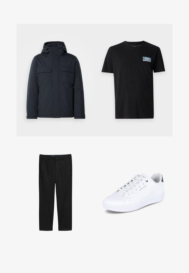 Giacca isolante blu navy con cappuccio, dotata di due grandi tasche frontali e una finitura liscia e opaca. Chiusura frontale con zip.; T-shirt nero a maniche corte realizzato in tessuto morbido, con una toppa rettangolare blu recante la scritta "DENIM TOM TAILOR" sul lato sinistro del petto.; Pantaloni neri a gamba dritta, realizzati in tessuto testurizzato. Presentano due tasche frontali e una chiusura con bottone in vita.; Sneaker bianco, materiale sintetico liscio, design basso, punta tonda, sei fori per i lacci, dettaglio del logo laterale, accento scuro in contrasto sul tallone.