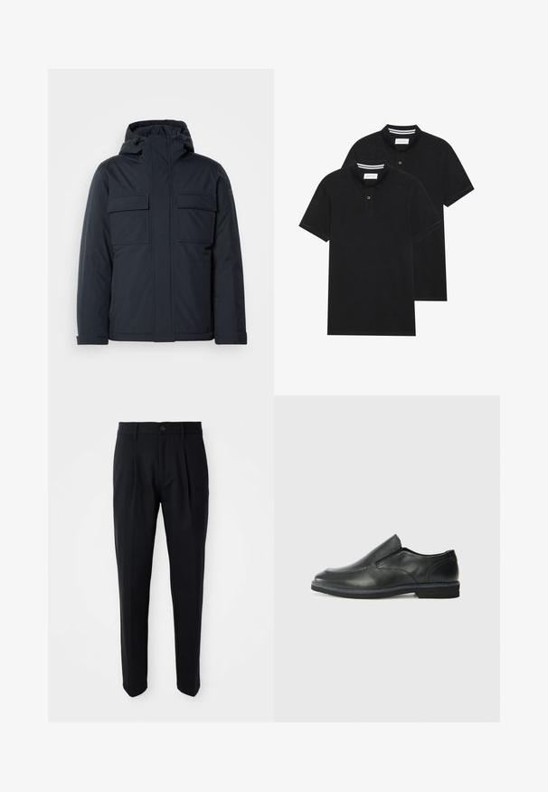 Sötétkék szigetelt dzseki kapucnival, két nagy elülső zsebbel és sima, matt felülettel. Cipzáras elülső záródás.; Két fekete pólóing, rövid ujjú, pamut anyagból készült, klasszikus gallérral, két gombos gombolással, és fehér csíkos díszítéssel a gallér belső részén.; Fekete, szabott nadrág, elülső redőkkel, gombos záródással és övbújtatókkal, fehér háttér előtt kiemelve.; Fekete bőr, slip-on cipő sima felsőrésszel, varrott díszítéssel, lekerekített orral és alacsony gumitalppal. A talpa minimális bordázattal rendelkezik.