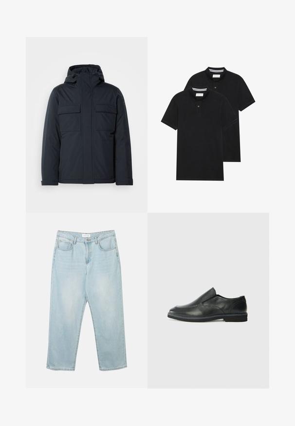 Casaco isolado azul marinho com capuz, apresentando dois grandes bolsos frontais e um acabamento suave e mate. Fecho frontal com zíper.; Duas camisetas polo pretas, de manga curta, em material de algodão, com colarinho clássico, abertura com dois botões e detalhes em riscas brancas no interior do colarinho.; Jeans de denim azul claro com um corte descontraído, cinco bolsos, fecho em botão e um desvanecimento subtil. A textura é suave e ligeiramente gasta.; Sapato slip-on preto em pele com um upper liso, acabamentos cosidos, bico arredondado e um salto de borracha baixo. A sola apresenta um padrão de aderência mínimo.