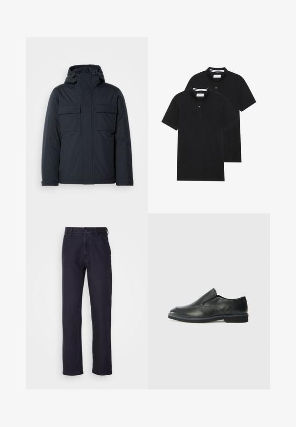 Navy blue insulated jacket with a hood, featuring two large front pockets and a smooth, matte finish. Zippered front closure.; Two black polo shirts, short-sleeved, cotton material, featuring a classic collar, two-button placket, and white striped accents inside the collar.; Navy chinos made of cotton blend fabric, featuring a button closure, straight legs, and minimal accents for a classic look.; Black leather slip-on shoe with a smooth upper, stitched accents, rounded toe, and a low rubber heel. Sole features minimal tread.