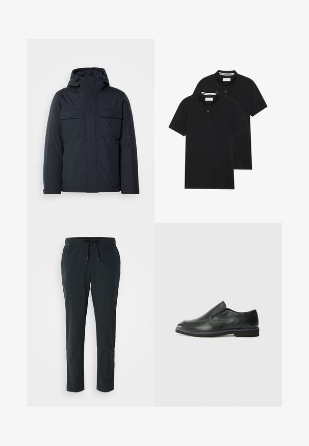 Marineblaue isolierte Jacke mit Kapuze, ausgestattet mit zwei großen frontalen Taschen und einer glatten, matten Oberfläche. Mit einem Reißverschluss vorne.; Zwei schwarze Polohemden, kurzärmlig, aus Baumwolle, mit einem klassischen Kragen, zwei Knöpfen und weißen Streifenakzenten im Inneren des Kragens.; Schwarze, leichte, lässig geschnittene Hosen mit einem elastischen Bund und Kordelzug. Verfügt über gerade Beine und eine glatte, matte Textur.; Schwarze Leder-Slipper mit glattem Obermaterial, gesteppten Akzenten, runder Zehenpartie und niedrigem Gummiabsatz. Die Sohle hat ein minimales Profil.