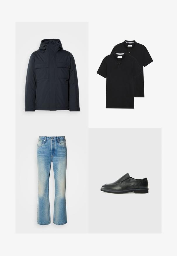 Mörkblå isolerad jacka med huva, utrustad med två stora framfickor och en slät, matt finish. Dragkedjestängning framtill.; Två svarta polo t-shirts, kortärmade, i bomullsmaterial, med en klassisk krage, tvåknappsslutning och vita randiga accenter inuti kragen.; Ljusblå denimjeans med en utställd ben-design, med en blekt finish, framfickor och knappstängning i midjan. Förstärkt sömnad synlig.; Svart lädersko i slip-on-modell med en slät ovandel, sömnadsdetaljer, rund tå och låg gummihäl. Sulan har minimal mönstring.