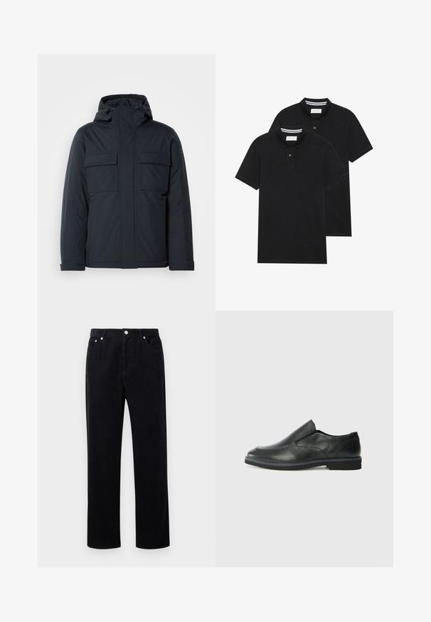 Marineblå isolert jakke med hette, med to store frontlommer og en glatt, matt finish. Glidelås i front.; To svarte polo skjorter, kortermet, i bomullsmateriale, med krage i klassisk stil, to-knapps knappestolpe, og hvite striper inni kragen.; Svart corduroy-bukser med rett ben-design, featuring en knapp og glidelås, fem lommer, og et mykt, teksturert stoff.; Sorte skinn slip-on sko med en jevn overflate, stikking detaljer, rund tå og en lav gummihæl. Sålen har minimal mønstring.