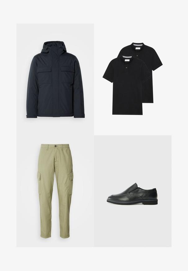 Tamsiai mėlyna pūkinė striukė su kapišonu, turinti dvi dideles priekinės kišenes ir lygius, matinius paviršius. Uždarymas užtrauktuku.; Du žaidimų juodos polo marškiniai, trumpomis rankovėmis, pagaminti iš medvilnės, su klasikinėmis apykaklėmis, dviem mygtukais priekyje ir baltais dryžiais apykaklės viduje.; Šviesiai alyvuogių spalvos cargo kelnės, pagamintos iš tekstūruoto audinio, su dviem šoninėmis kišenėmis ir tiesiu kojų siluetu, užsegamos mygtuku.; Juodai odiniai įtvirtinimo batai su lygiu paviršiumi, siuvinėjimo akcentais, apvalia nosimi ir žemu guminiu kulnu. Pado raštas minimalus.