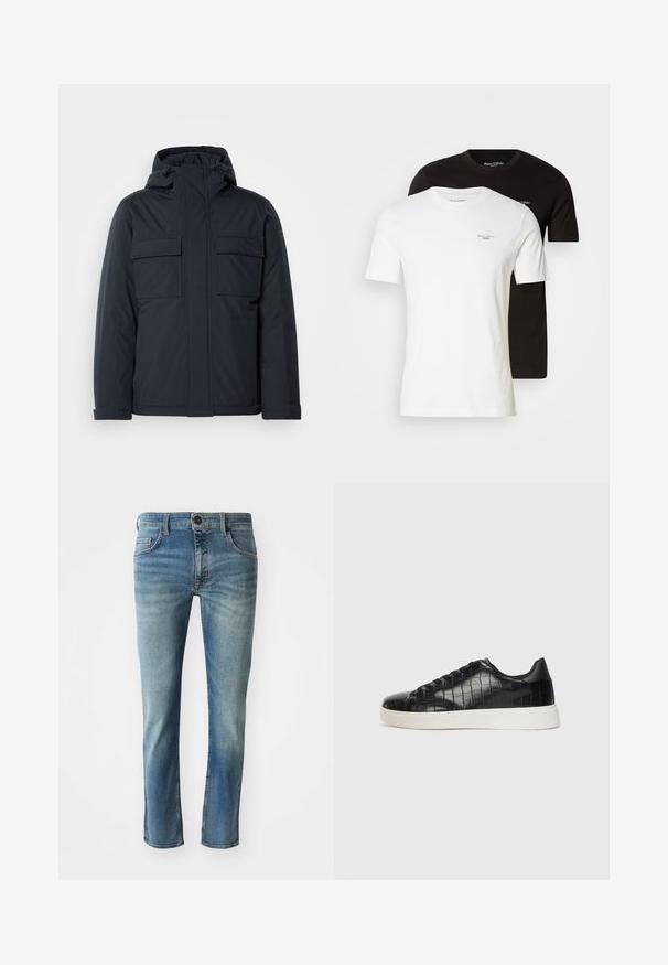 Tumši zils izolēts džemperis ar kapuci, ar divām lielām priekšējām kabatām un gludu, matētu apdari. Ar rāvējslēdzēju aizverama priekšpuse.; Divas T-krekli, viens baltas un otrs melns, izgatavoti no kokvilnas. Abiem ir apaļa kakla izgriezums un īsas piedurknes, un tiem ir neliels logo uz krūtīm.; Gai zili denima bikses ar taisnu griezumu, nedaudz izbalējušām kājām, piecu kabatu dizainu un pogas aizdari jostasvietā.; Melni sporta apavi ar teksturētu krokodila raksta ādas augšdaļu, noapaļotu pirkstu daļu un kontrastējošu baltu gumijas zoli ar gludu virsmu.