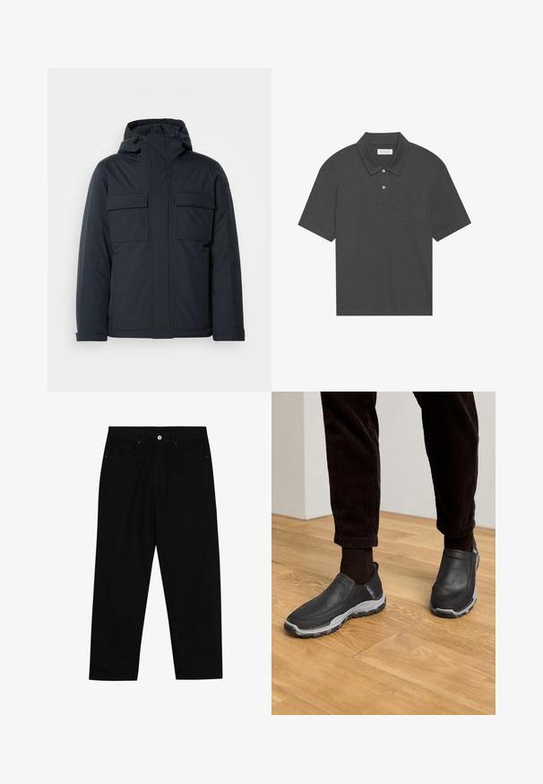 Sötétkék szigetelt dzseki kapucnival, két nagy elülső zsebbel és sima, matt felülettel. Cipzáras elülső záródás.; Sötétszürke pólóing hagyományos gallérral, háromgombos gombolással, rövid ujjal és bal oldali zsebből. Sima szövettextúra.; Fekete farmernadrág, egyenes szabással, öt zsebből álló dizájnnal és elülső gombos záródással. Simább felület minimális varrási részletekkel.; Fekete slip-on cipők, texturált bőr felsőrésszel és szürke gumi talppal, egy fagerendás padlóval és kordbársony nadrággal összeállítva.