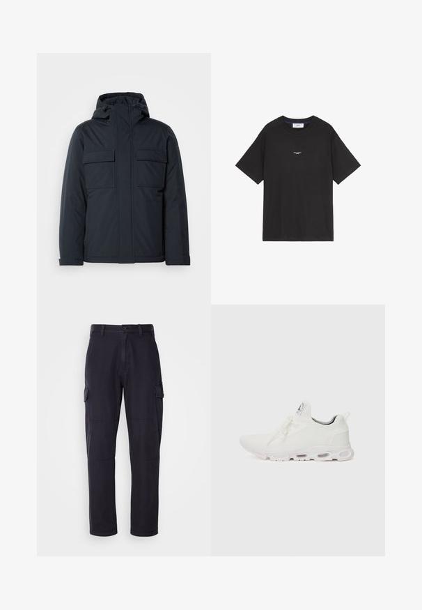 Navy blue insulated jacket with a hood, featuring two large front pockets and a smooth, matte finish. Zippered front closure.; Black cotton t-shirt with a round neck and short sleeves. Features a small white logo detailing on the front. Simple design, relaxed fit.; Navy blue cargo pants in cotton blend, featuring side pockets, a straight leg design, and visible stitching details.; White athletic shoes featuring a textured knit upper, flat laces, and a cushioned sole with visible air chambers for added support.