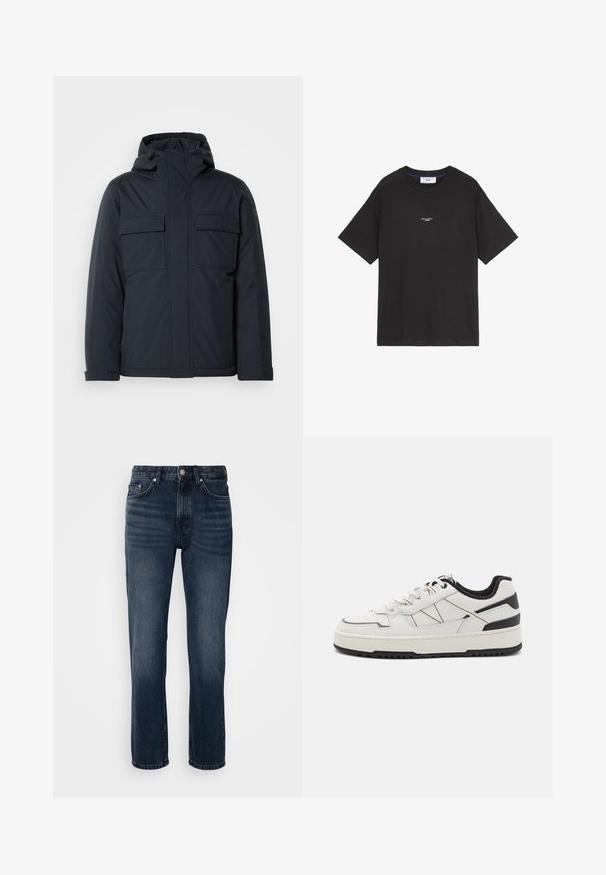 Tamsiai mėlyna pūkinė striukė su kapišonu, turinti dvi dideles priekinės kišenes ir lygius, matinius paviršius. Uždarymas užtrauktuku.; Juodas medvilninis marškinėliai su apvaliu kaklu ir trumpomis rankovėmis. Priekyje yra mažas baltas logotipo detalizavimas. Paprastas dizainas, laisvos formos.; Tamsiai mėlyni džinsai su tiesiu sijonu, turintys penkias kišenes, mygtuko ir užtrauktuko užsegimą, ir subtiliu blukimu.; Baltos odinės sportinės bateliai su juodu kulno akcentu, tekstūruota padas ir siuvinėtomis detalėmis. Savybės: raištinis priekis ir šoninės juostelės.