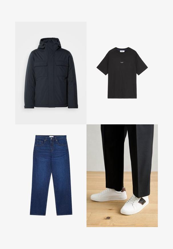 Tamsiai mėlyna pūkinė striukė su kapišonu, turinti dvi dideles priekinės kišenes ir lygius, matinius paviršius. Uždarymas užtrauktuku.; Juodas medvilninis marškinėliai su apvaliu kaklu ir trumpomis rankovėmis. Priekyje yra mažas baltas logotipo detalizavimas. Paprastas dizainas, laisvos formos.; Tamsiai mėlynos džinsinės kelnės su tiesiomis kojomis, su mygtuku ir užtrauktuku, penkiomis kišenėmis ir matomomis siuvimo detalėmis.; Balti sportbačiai su glotnia danga, puošti rudais odiniais akcentais ir juodais detalėmis, derinami su juodais pritaikytais kelnėmis. Medinių grindų fonas.