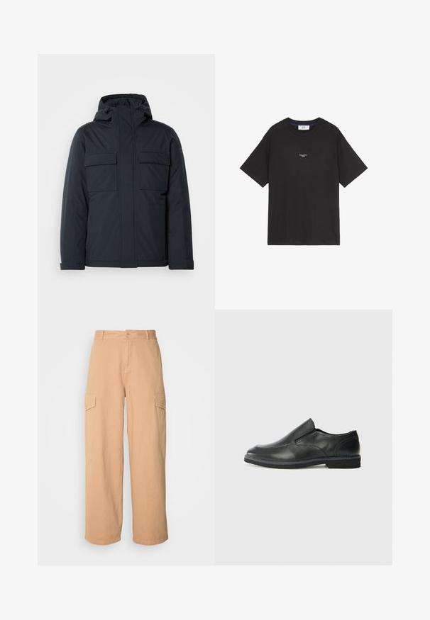 Giacca isolante blu navy con cappuccio, dotata di due grandi tasche frontali e una finitura liscia e opaca. Chiusura frontale con zip.; T-shirt in cotone nero con collo rotondo e maniche corte. Presenta un piccolo logo bianco sulla parte anteriore. Design semplice, vestibilità comoda.; Pantaloni cargo larghi beige realizzati in tessuto leggero, dotati di due tasche laterali e chiusura con bottone in vita. Tessuto morbido.; Scarpa nera in pelle con inserto scivolare, superiore liscio, dettagli cuciti, punta arrotondata e tacco in gomma basso. La suola presenta un battistrada minimale.