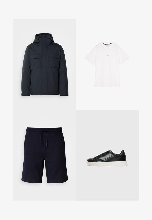 Marineblaue isolierte Jacke mit Kapuze, ausgestattet mit zwei großen frontalen Taschen und einer glatten, matten Oberfläche. Mit einem Reißverschluss vorne.; Weißes Baumwoll-T-Shirt mit kurzen Ärmeln, Rundhalsausschnitt und dezentem Text in der Mitte. Glatte Textur und entspannter Schnitt.; Marineblaue Shorts mit elastischem Bund und Kordelzug. Strukturierter Stoff mit glatter Oberfläche, ausgestattet mit Seitennähten.; Schwarze Sneakers mit einer strukturierten, krokodilPrägung aus Leder, runder Zehenpartie und einer kontrastierenden weißen Gummisohle mit glatter Oberfläche.