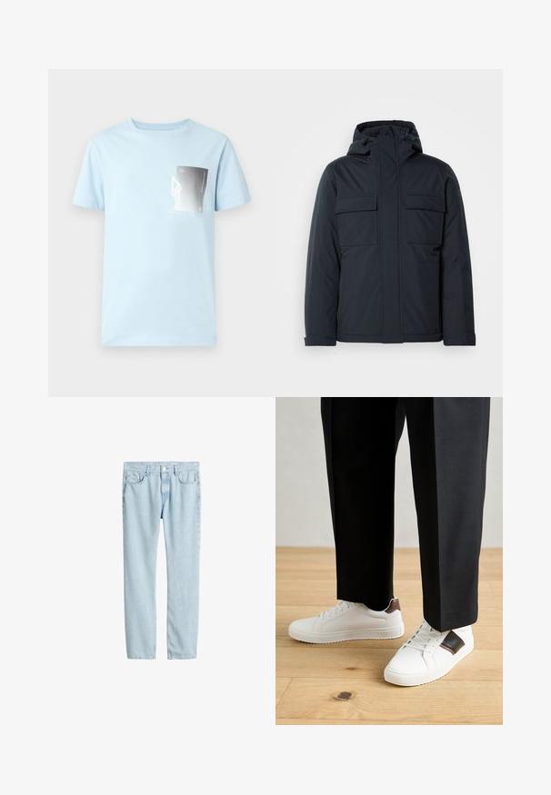 Navy blue insulated jacket with a hood, featuring two large front pockets and a smooth, matte finish. Zippered front closure.; Light blue cotton t-shirt with short sleeves and a round neckline. Features a rectangular graphic in black and white on the left chest.; Light blue denim jeans with a straight-leg cut, five-pocket design, and button closure. The fabric has a soft, slightly textured appearance.; White sneakers with smooth texture, featuring brown leather accents and black detailing, paired with black tailored pants. Wooden floor background.