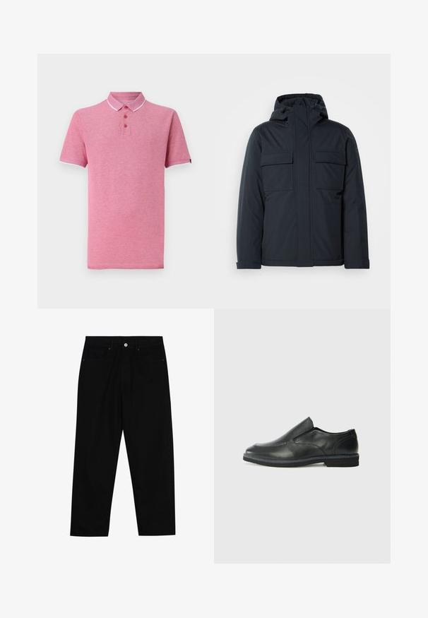 Laivastonsininen eristetty takki hupulla, jossa on kaksi suurta etutaskua ja sileä, matta pinta. Vetoketjukiinnitys edessä.; Vaaleanpunainen polo-paita, jossa on lyhyet hihat, ribbireunus kauluksessa, kolmen napin lista ja kontrastivalkoinen viimeistely kauluksessa ja hihoissa.; Mustat farkut suoraan lahkeella, viisi taskua ja etunappikiinnitys. Sileä rakenne, jossa on vain vähäisiä ompelualueita.; Musta nahkainen liukujalkine, jossa on sileä pinta, ommeltuja yksityiskohtia, pyöristetty kärki ja matala kumipohja. Pohjassa on minimaalinen pito.