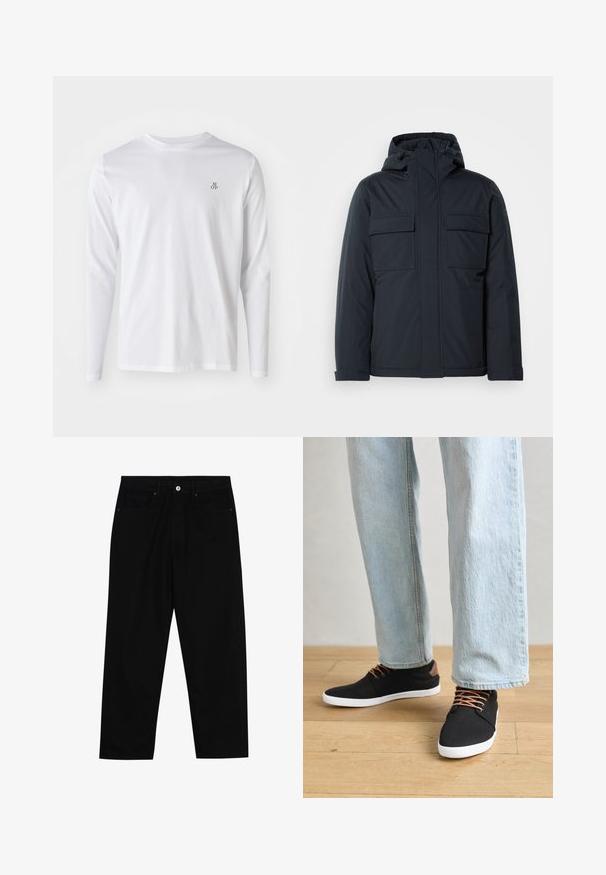 Tumesinine isolatsiooniga jakk kapuutsiga, millel on kaks suurt esikot ja sile, mati viimistlusega pind. Ees lukuga sulgumine.; Pikad varrukad, valgest puuvillasest kangast särk, millel on ümmargune kaelus ja väike tume sinine "M OP" logo vasakul rinnal. Sile tekstuur.; Mustadest denimist püksid, millel on sirge jalg, viie tasku disain ja eesnupuga sulgur. Sile tekstuur koos minimaalsete õmblustega.; Mustad musta kangast tossud pruunide aktsentide, valge kummitaldade ja pruunide paeltega, koos helesiniste sirgete jalgade teksadega. Puidust põranda taust.