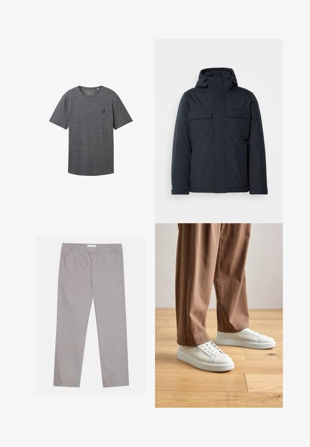 Námořnicky modrá zateplená bunda s kapucí, vybavená dvěma velkými předními kapsami a hladkým matným povrchem. Zapínání na zip.; TOM TAILOR DENIM OPEN EDGE MELANGE - Jednoduché tričko - black; Světle šedé bavlněné kalhoty s elastickým pasem, dvěma bočními kapsami, rovnými nohavicemi a hladkým povrchem. Jednoduché švy.; Osoba v bílých texturovaných nízkých teniskách a volných hnědých kalhotách, stojící na světle dřevěné podlaze.
