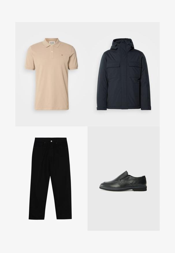 Tumši zils izolēts džemperis ar kapuci, ar divām lielām priekšējām kabatām un gludu, matētu apdari. Ar rāvējslēdzēju aizverama priekšpuse.; Bežs polo krekls, kas izgatavots no kokvilnas, ar klasisku apkakli, īsām piedurknēm un mazu izšūtu logotipu uz krūtīm. Divu pogu slēdzene.; Melni džinsi ar taisnu kāju griezumu, piecu kabatu dizainu un priekšēju pogu aizdari. Gluda tekstūra ar minimālu šuvju detaļu skaitu.; Melnas ādas slip-on kurpes ar gludu augšdaļu, izšūtām akcentiem, noapaļotu purngala daļu un zemu gumijas papēdi. Zole ar minimālu rakstu.