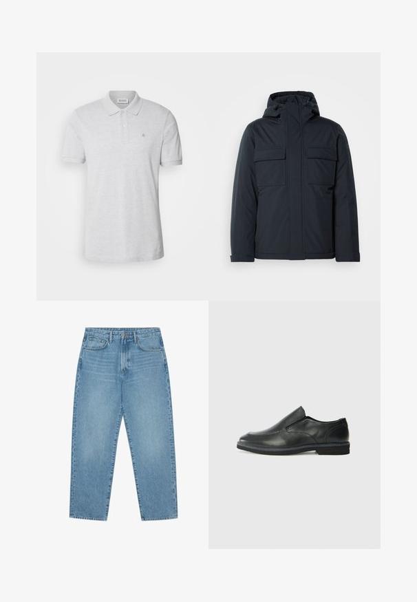 Giacca isolante blu navy con cappuccio, dotata di due grandi tasche frontali e una finitura liscia e opaca. Chiusura frontale con zip.; Polo grigio realizzato in cotone, con colletto classico, patta con due bottoni e un piccolo logo ricamato sul lato sinistro del petto.; Jeans a gamba larga in denim azzurro chiaro con vita alta, dotati di cinque tasche, passanti per cintura e una consistenza morbida e leggermente sbiadita.; Scarpa nera in pelle con inserto scivolare, superiore liscio, dettagli cuciti, punta arrotondata e tacco in gomma basso. La suola presenta un battistrada minimale.