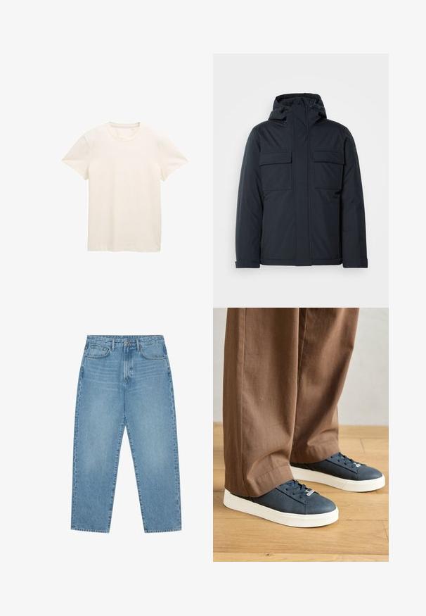 Tumesinine isolatsiooniga jakk kapuutsiga, millel on kaks suurt esikot ja sile, mati viimistlusega pind. Ees lukuga sulgumine.; Kreemikas toonis puuvillane T-särk lühikeste varrukatega, ümar kaelus ja kerge tekstuuriga kangas. Ilma nähtavate mustrite või graafikateta.; Heledad tumesinised lai jalgadega teksad kõrge vöökohtaga, millel on viis taskut, vöökohad ja pehme, kergelt pleekinud tekstuur.; Tumed nahk sneakerid valgete kummitaldadega, ümmargune varvas ja paeltega disain; alasti pruuni pükstega puidust põrandal.