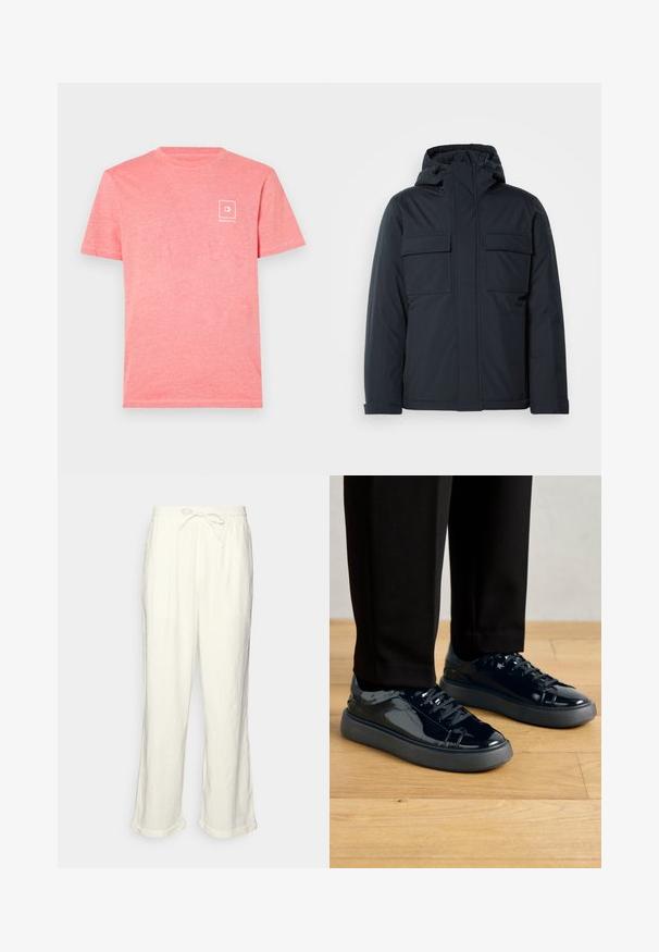 Mornarsko modra izolirana jakna s kapuco, ki ima dve veliki sprednji žepki in gladko, mat površino. Zadrga na sprednjem delu.; Roza bombažna majica s kratkimi rokavi, ki ima majhen bel logotip na levem prsnem delu. Mehka tekstura in klasičen okrogel izrez.; Linen hlače v svetlo bež barvi z elastičnim pasom, nekoliko širokimi hlačnicami in zavitimi manšetami za sproščen kroj. Brez žepov.; Črne lakirane športne copate z teksturirano gumijasto podplatom, okroglo konico in ujemajočimi črnimi vezalkami, v kombinaciji s črnimi hlačami na leseni tleh.