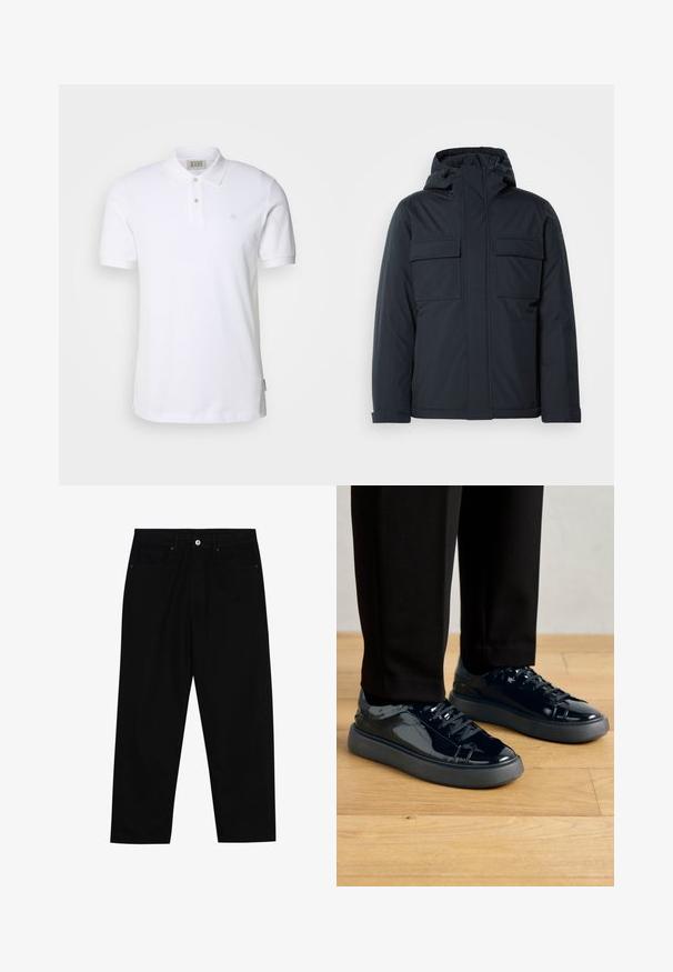 Tumesinine isolatsiooniga jakk kapuutsiga, millel on kaks suurt esikot ja sile, mati viimistlusega pind. Ees lukuga sulgumine.; Valge puuvillane polo särk klassikalise kraega, kahes nööbisüsteemis ja väikese tikandiga logoga rinnal. Lühikesed varrukad ja sirge äär.; Mustadest denimist püksid, millel on sirge jalg, viie tasku disain ja eesnupuga sulgur. Sile tekstuur koos minimaalsete õmblustega.; Mustad patendnahast sneakerid tekstureeritud kummitaldaga, ümmarguse varbaga ja sobivate mustade paeltega, koos mustade pükstega puidust põrandal.