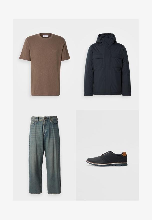 Casaco isolado azul marinho com capuz, apresentando dois grandes bolsos frontais e um acabamento suave e mate. Fecho frontal com zíper.; T-shirt de algodão castanho com decote redondo, mangas curtas e um logo discreto no peito; tecido leve com um acabamento suave e texturizado.; Jeans de ganga azul claro com um corte solto, cintura média e pernas retas. Apresenta cinco bolsos, passadores de cinto e fecho com botão.; Sapatos sintéticos pretos com um upper texturizado, pormenores lisos, salto castanho e uma sola contrastante. Apresentam um sistema de atacadores mínimo e detalhes de costura.