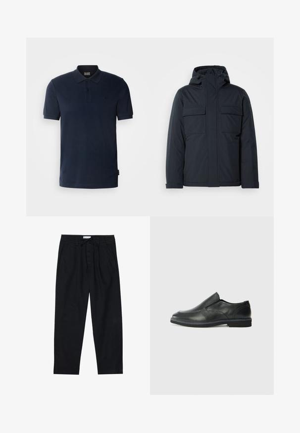 Giacca isolante blu navy con cappuccio, dotata di due grandi tasche frontali e una finitura liscia e opaca. Chiusura frontale con zip.; Polo blu navy in cotone, con colletto classico, tre bottoni, maniche corte e un piccolo logo sul petto sinistro.; Pier One Chino - black; Scarpa nera in pelle con inserto scivolare, superiore liscio, dettagli cuciti, punta arrotondata e tacco in gomma basso. La suola presenta un battistrada minimale.