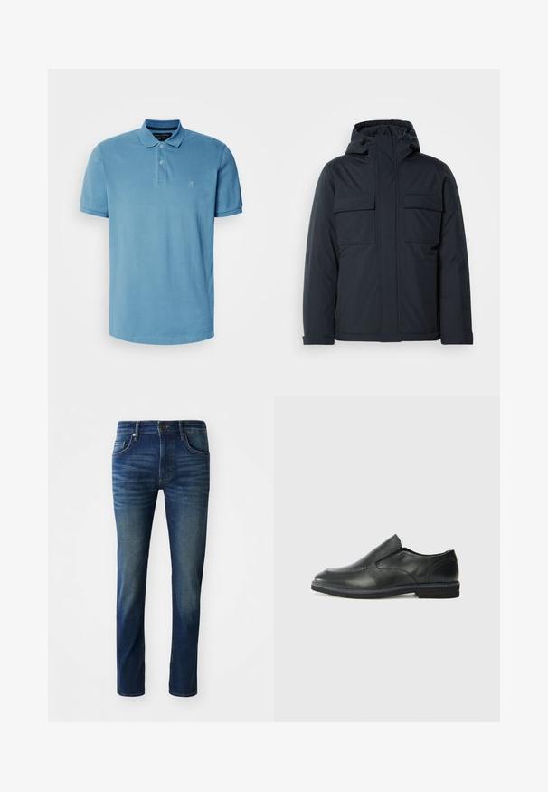 Casaco isolado azul marinho com capuz, apresentando dois grandes bolsos frontais e um acabamento suave e mate. Fecho frontal com zíper.; Camisola polo de tom azul claro, feita de algodão, com colarinho clássico, plaqueta de três botões e pequeno logótipo bordado no peito.; Jeans de denim azul escuro com um corte slim, apresentando cinco bolsos, um fecho frontal de botão e uma textura ligeiramente desbotada nas pernas.; Sapato slip-on preto em pele com um upper liso, acabamentos cosidos, bico arredondado e um salto de borracha baixo. A sola apresenta um padrão de aderência mínimo.