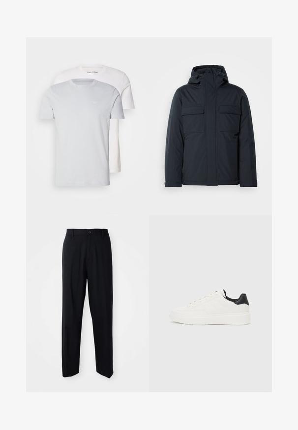 Navy blue insulated jacket with a hood, featuring two large front pockets and a smooth, matte finish. Zippered front closure.; Two short-sleeved t-shirts, one in light gray and one in white, made of cotton with a crew neckline. Subtle logo on the gray shirt.; Black straight-leg trousers with belt loops, button closure, and a sleek, minimal design on a neutral background.; White leather sneaker with embossed pattern, textured white midsole, and black heel accent. Features rounded toe and flat laces.