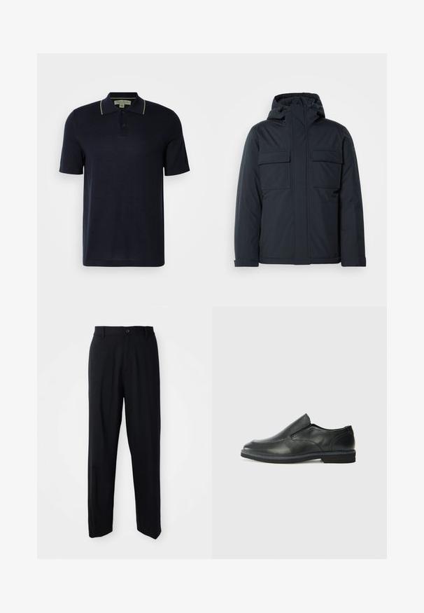 Mörkblå isolerad jacka med huva, utrustad med två stora framfickor och en slät, matt finish. Dragkedjestängning framtill.; Mörkblå kortärmad polo med två knappar och subtil beige kant på kragen, visad mot en neutral ljus bakgrund.; Svarta raka byxor med bälteshällor, knappstängning och en stilren, minimalistisk design på en neutral bakgrund.; Svart lädersko i slip-on-modell med en slät ovandel, sömnadsdetaljer, rund tå och låg gummihäl. Sulan har minimal mönstring.