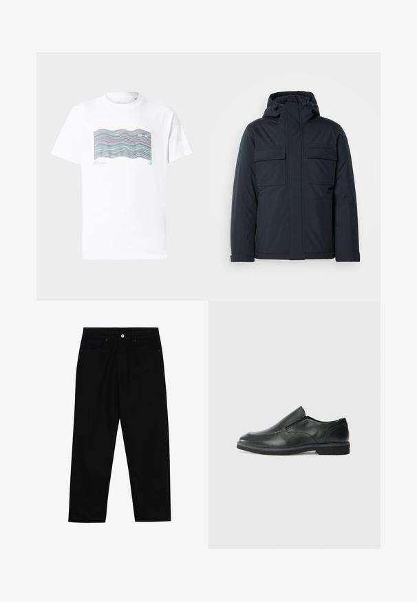 Sötétkék szigetelt dzseki kapucnival, két nagy elülső zsebbel és sima, matt felülettel. Cipzáras elülső záródás.; Fehér pamut póló, amelyen egy színes hullám mintázat található, valamint a "MIAMI" és a "20-97" felirat nyomtatva elöl. Rövid ujjú, kerek nyakú.; Fekete farmernadrág, egyenes szabással, öt zsebből álló dizájnnal és elülső gombos záródással. Simább felület minimális varrási részletekkel.; Fekete bőr, slip-on cipő sima felsőrésszel, varrott díszítéssel, lekerekített orral és alacsony gumitalppal. A talpa minimális bordázattal rendelkezik.