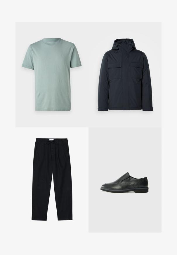 Navy blue insulated jacket with a hood, featuring two large front pockets and a smooth, matte finish. Zippered front closure.; Light green short-sleeve t-shirt made of soft fabric, featuring a round neckline and a small logo on the chest. Smooth texture, minimal design.; Pier One Chinos - black; Black leather slip-on shoe with a smooth upper, stitched accents, rounded toe, and a low rubber heel. Sole features minimal tread.