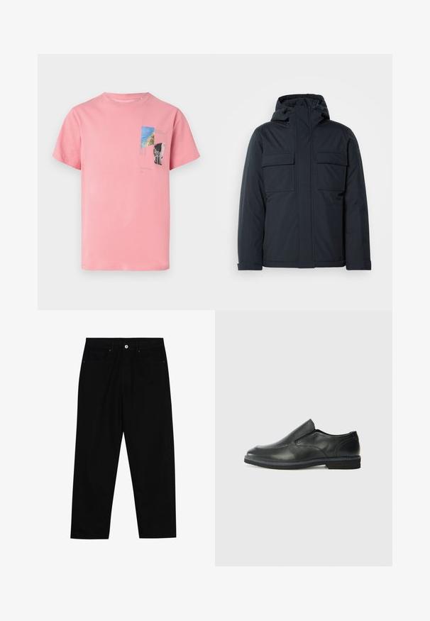 Tumesinine isolatsiooniga jakk kapuutsiga, millel on kaks suurt esikot ja sile, mati viimistlusega pind. Ees lukuga sulgumine.; Roosa puuvillane t-särk lühikeste varrukatega. Ees on trükitud graafika sinise, rohelise ja musta värviga, sealhulgas tekst ja geomeetrilised kujundid.; Mustadest denimist püksid, millel on sirge jalg, viie tasku disain ja eesnupuga sulgur. Sile tekstuur koos minimaalsete õmblustega.; Must musta laia suuga king, millel on sile ülemine osa, õmmeldud detailid, ümmargune nina ja madal kummist konts. Tallal on minimaalne mustr.