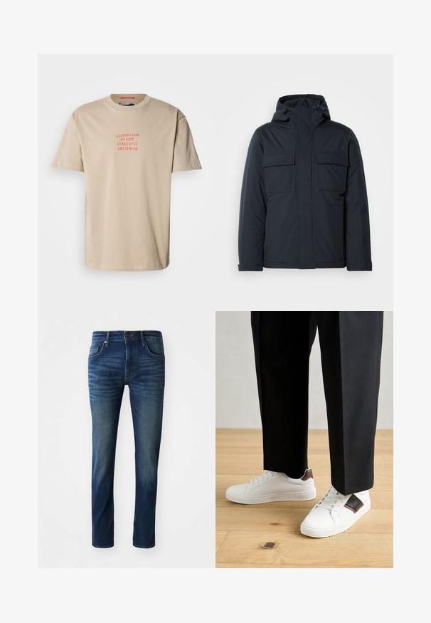 Marineblå isoleret jakke med hætte, der har to store forsorglommer og en glat, mat overflade. Lynlåslukning foran.; Beige bomulds t-shirt med rund hals, korte ærmer og rød trykt tekst: "SCOTCH & SODA ART DEPT. CLASS OF '85 AMSTERDAM."; Mørkeblå denim jeans med slim fit, har fem lommer, en frontlukning med knap og en subtil falmet tekstur på benene.; Hvide sneakers med glat tekstur, prydet med brune læderdetaljer og sorte detaljer, sammen med sorte skræddersyede bukser. Baggrund med trægulv.