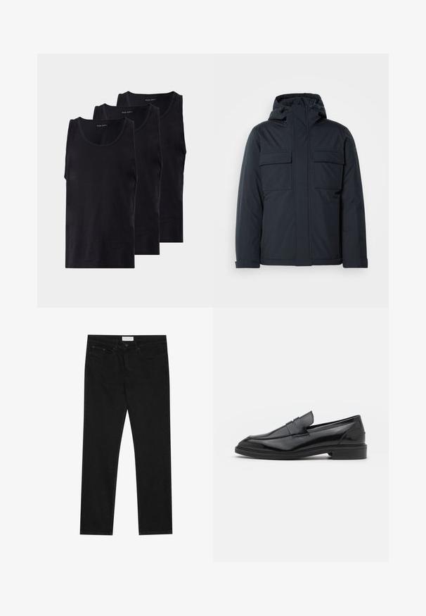 Námořnicky modrá zateplená bunda s kapucí, vybavená dvěma velkými předními kapsami a hladkým matným povrchem. Zapínání na zip.; Černé bavlněné tílka v balení po třech, s kulatým výstřihem a bez rukávů, hladkou texturou a klasickým střihem.; Černé rovné džíny s pěti kapsami, zapínání na knoflík a zip, a štítek značky Pier One na pase.; Černé kožené mokasíny s hladkým povrchem, s kulatou špičkou a úzkým páskem přes svršek. Nízký vrstvený podpatek.