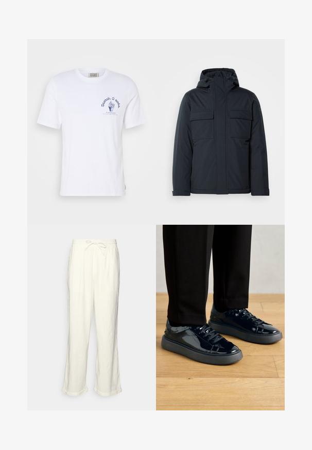 Tamsiai mėlyna pūkinė striukė su kapišonu, turinti dvi dideles priekinės kišenes ir lygius, matinius paviršius. Uždarymas užtrauktuku.; Balta medvilninė marškinėliai trumpomis rankovėmis. Krūtinėje turi mėlynos spalvos grafikos atspaudo su ledų rageliu ir prekės ženklu "Scotch & Soda."; Neryškios baltos lino kelnės su raišteliu liemens srityje, šiek tiek plačiomis kojomis ir sukniustais mankštiniais kraštais, suteikiančiais laisvą prigludimą. Be kišenių.; Juodos patentuotos odinės sportbačiai su tekstūruota guma, apvaliu nosiu ir atitinkamomis juodomis raištelėmis, derinami su juodomis kelnėmis ant medinio grindų.