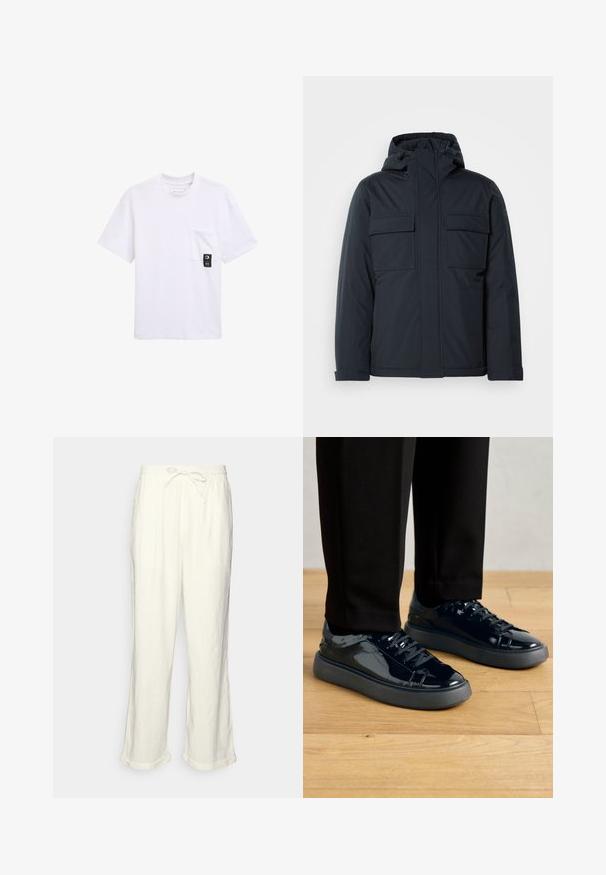 Marineblauwe geïsoleerde jas met capuchon, voorzien van twee grote voorkeurszakken en een gladde, matte afwerking. Met ritssluiting aan de voorkant.; Witte t-shirt met korte mouwen, voorzien van een gestructureerd patroon, ronde hals en een borstzak met een zwart labelaccent.; Linnen broek in gebroken wit met een trekkoord in de taille, iets wijde pijpen en opgerolde manchetten voor een relaxte pasvorm. Geen zakken.; Zwarte patenten leren sneakers met een gestructureerde rubberen zool, ronde neus en bijpassende zwarte veters, gecombineerd met zwarte broeken op een houten vloer.