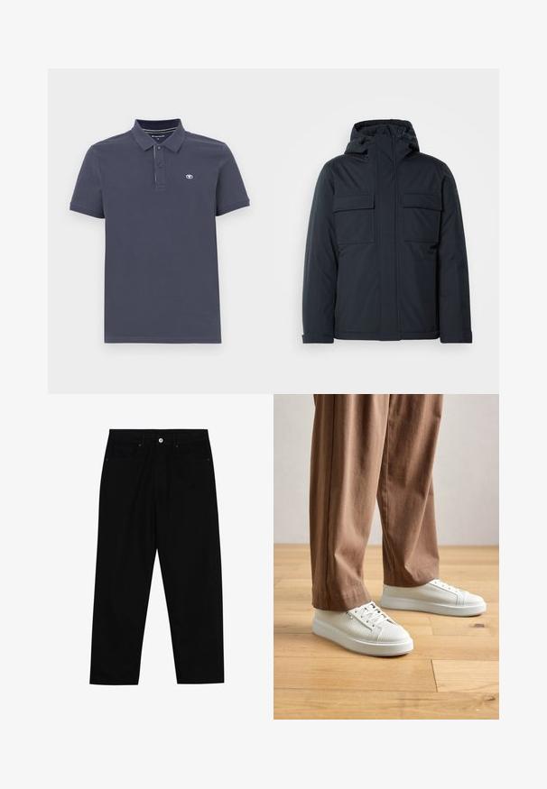 Tamsiai mėlyna pūkinė striukė su kapišonu, turinti dvi dideles priekinės kišenes ir lygius, matinius paviršius. Uždarymas užtrauktuku.; Tamsiai mėlynas polo marškinėliai iš medvilnės mišinio su dviejų mygtukų apykakle, trumpomis rankovėmis ir mažai siuvinėta logo kairėje krūtinės pusėje.; Juoda džinsinė kelnė su tiesiu kirpimu, penkių kišenių dizainu ir priekiniais mygtukais. Lygus paviršius su minimaliu siuvimo detalėmis.; Asmuo vilkintis baltus tekstūruotus žemus sportinius batelius ir laisvas rudas kelnes, stovintis ant šviesaus medinio grindų paviršiaus.