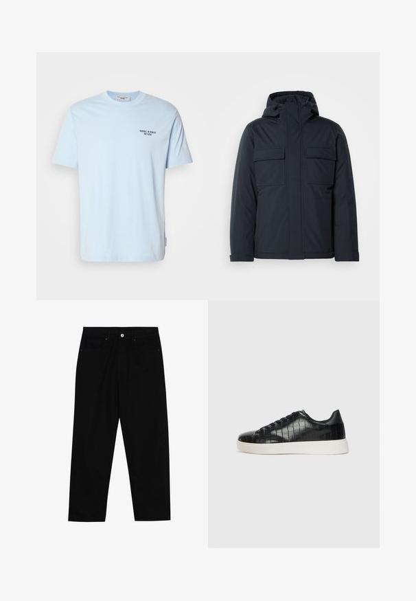 Tamsiai mėlyna pūkinė striukė su kapišonu, turinti dvi dideles priekinės kišenes ir lygius, matinius paviršius. Uždarymas užtrauktuku.; Šviesiai mėlynas medvilninis marškinėlių su apvalia iškirpte modelis, turintis trumpas rankoves ir mažą tamsų užrašą "MARC O’POLO DENIM" ant krūtinės.; Juoda džinsinė kelnė su tiesiu kirpimu, penkių kišenių dizainu ir priekiniais mygtukais. Lygus paviršius su minimaliu siuvimo detalėmis.; Juodi sportiniai batai su tekstūruotu krokodilo odos pamušalu, apvalia kojų dalimi ir kontrastinga balta guma su lygiu paviršiumi.