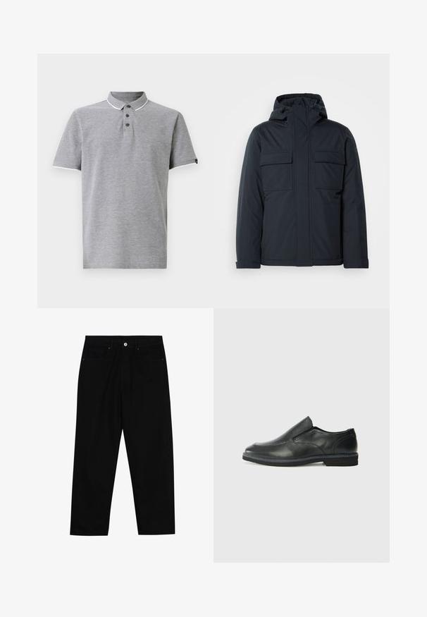 Sötétkék szigetelt dzseki kapucnival, két nagy elülső zsebbel és sima, matt felülettel. Cipzáras elülső záródás.; Szürke pólóing, gallérral, három gombos záródással, fehér díszítésekkel a galléron és az ujjakon, valamint puha tapintással.; Fekete farmernadrág, egyenes szabással, öt zsebből álló dizájnnal és elülső gombos záródással. Simább felület minimális varrási részletekkel.; Fekete bőr, slip-on cipő sima felsőrésszel, varrott díszítéssel, lekerekített orral és alacsony gumitalppal. A talpa minimális bordázattal rendelkezik.